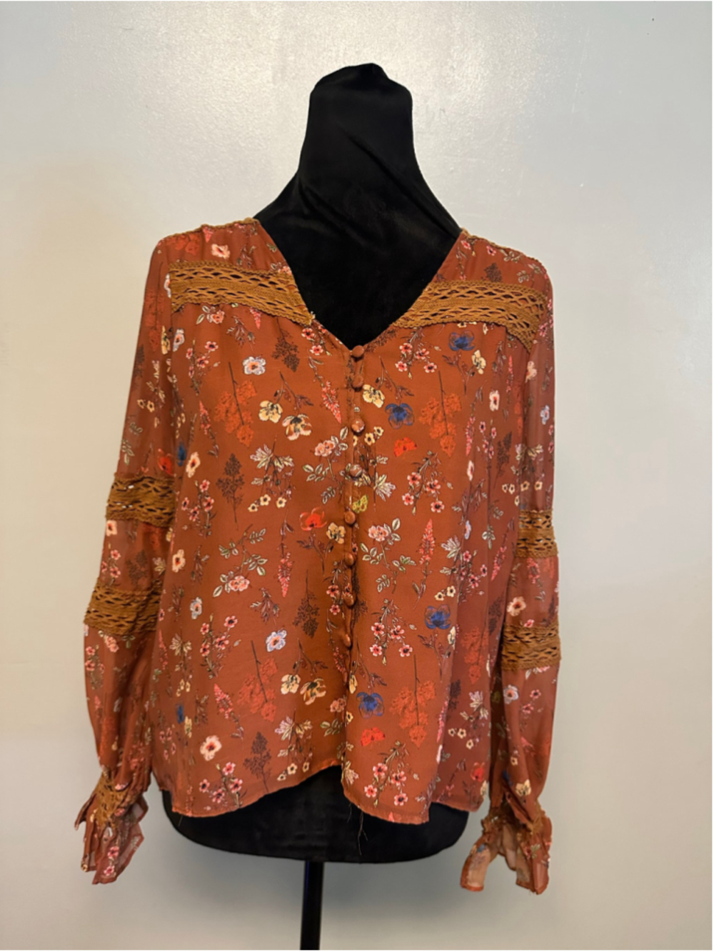 Allison New York Floral Blouse Size Small Rust Brown Long Sleeve Bohemian